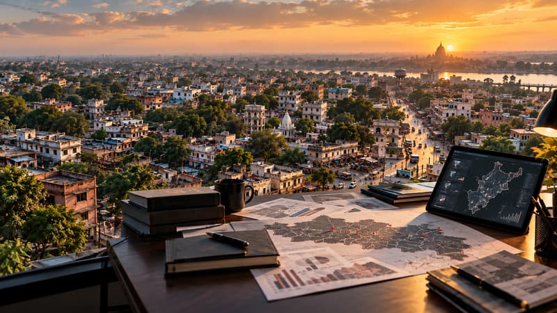 City at dusk with a research desk