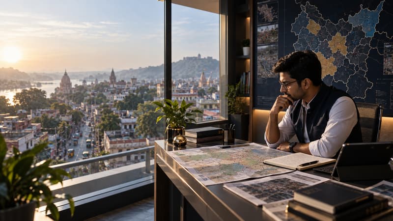 Strategist reviewing constituency maps at dawn